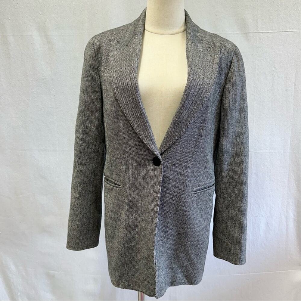 Lafayette 148 black/cream herringbone wool‎ stretch one button blazer size 8